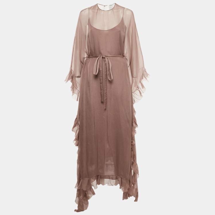 Pre Owned Christian Dior Mauve Silk Ruffled Belted Kaftan Dress L