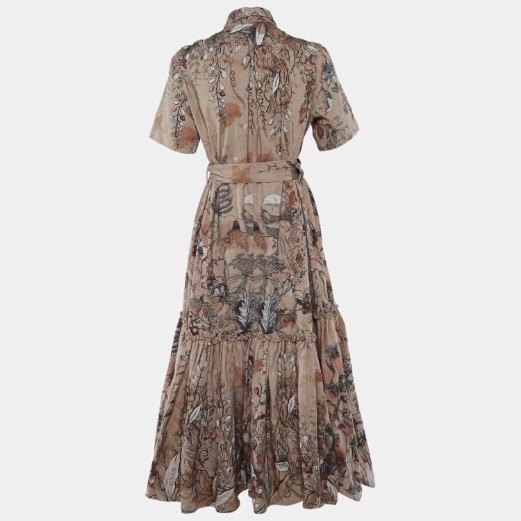 Pre Owned Chistian Dior Pink Printed Denim Belted Maxi Dress M