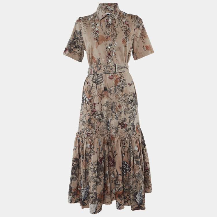 Pre Owned Chistian Dior Pink Printed Denim Belted Maxi Dress M