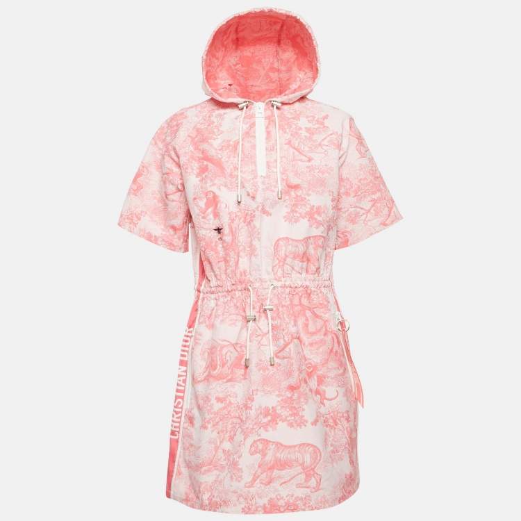 Pre Owned Dior Pink Synthetic Jungle Print Toile De Jouy Hooded Mini Dress L