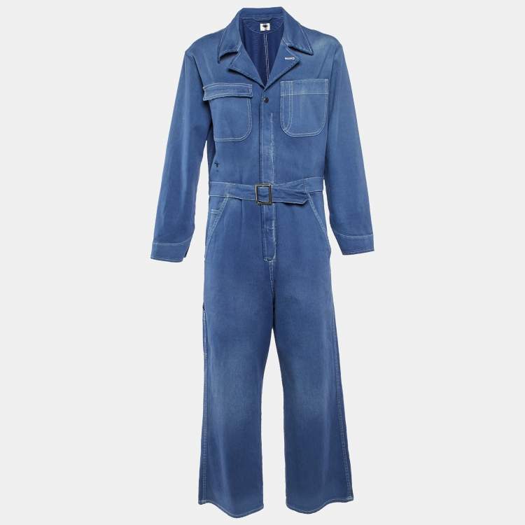 Pre Owned Dior Blue Denim Washed Denim Wide Leg Jumpsuit M