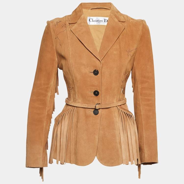 Pre Owned Christian Dior Tan Abstract Animal Print Suede Fringed Jacket S
