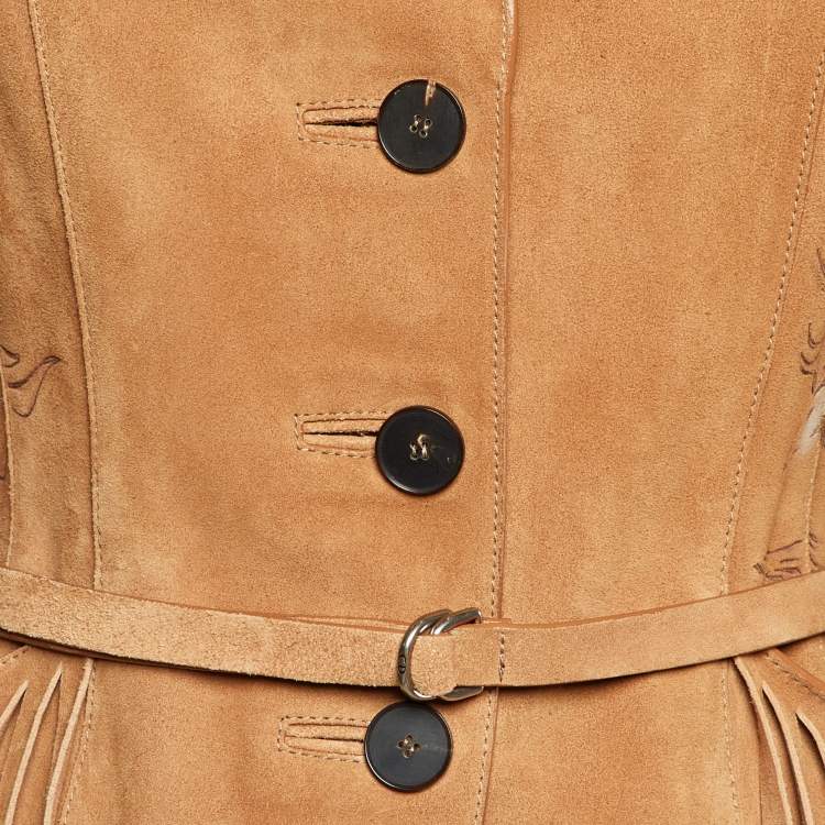 Pre Owned Christian Dior Tan Abstract Animal Print Suede Fringed Jacket S