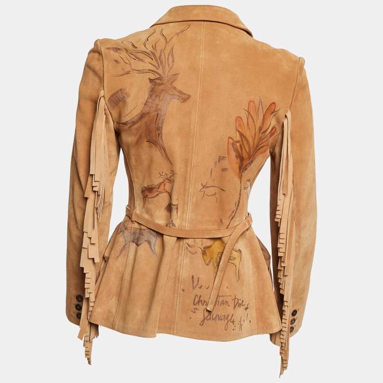 Pre Owned Christian Dior Tan Abstract Animal Print Suede Fringed Jacket S