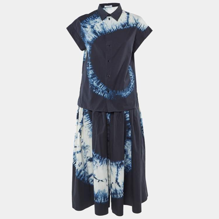 Pre Owned Dior Navy Blue Tie-Dye Print Cotton Skirt and Shirt Set M