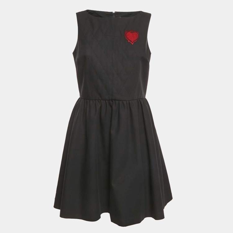 Pre Owned Christian Dior Black Gabardine Heart Embroidered Mini Dress L