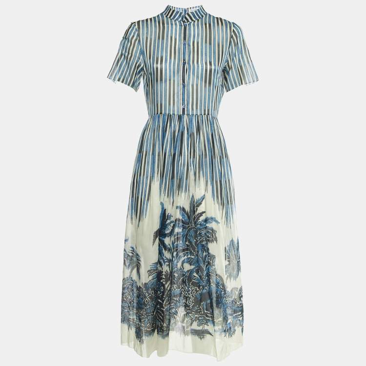 Pre Owned Dior Blue Striped Palm Print Cotton Midi Dress M