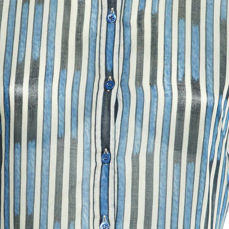Pre Owned Dior Blue Striped Palm Print Cotton Midi Dress M