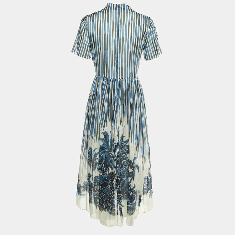 Pre Owned Dior Blue Striped Palm Print Cotton Midi Dress M