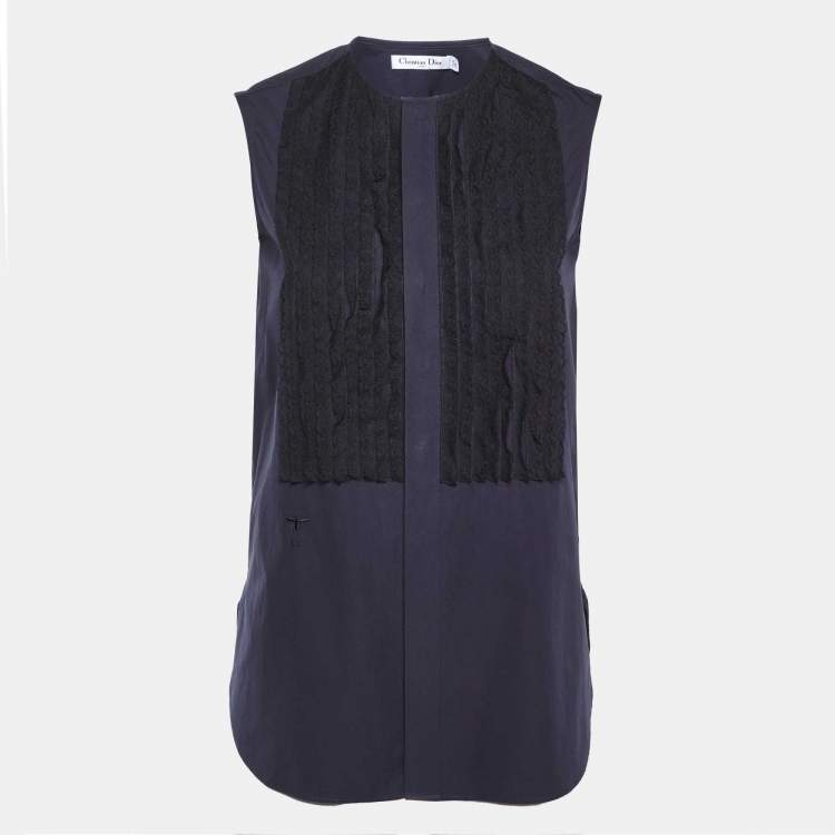 Pre Owned Dior Navy Blue Cotton Lace Trim Sleeveless Top S