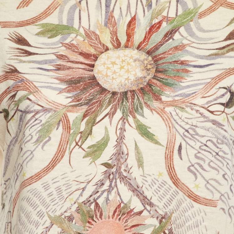 Pre Owned Dior Pale Yellow Flower Print Cotton & Linen Crew Neck T-Shirt S