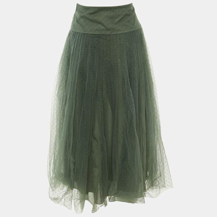 Pre Owned Dior Sage Green Plumetis Tulle Midi Skirt S