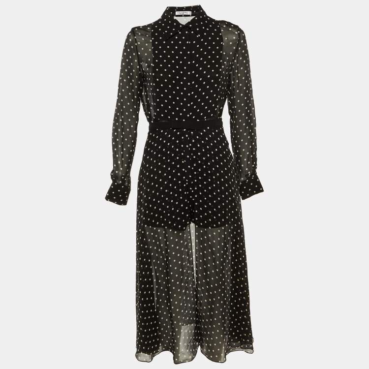 Pre Owned Dior Black Polka Dot Silk Overlay Skirt & Playsuit Set M