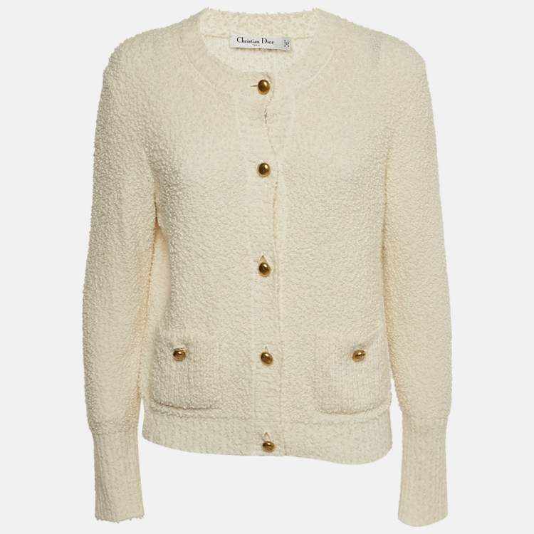 Pre Owned Christian Dior Off White Textured Wool Button Detail Cardigan XL