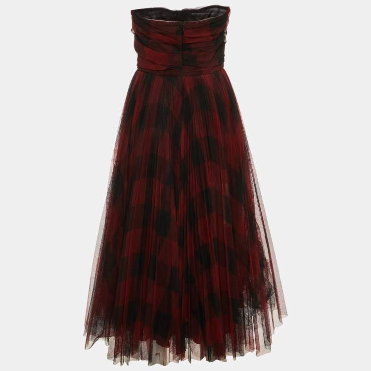 Pre Owned Dior Red Checked Tulle Strapless Bustier Dress M