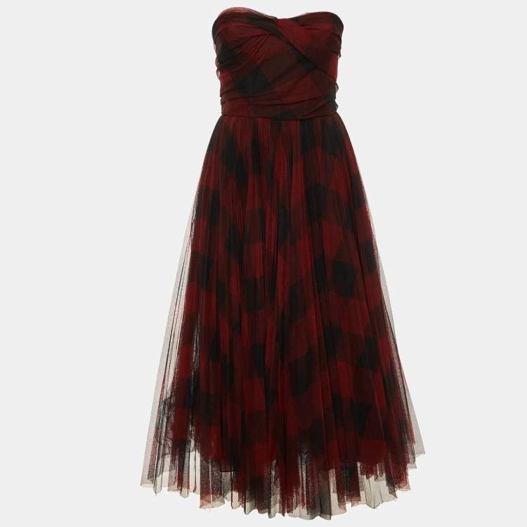 Pre Owned Dior Red Checked Tulle Strapless Bustier Dress M