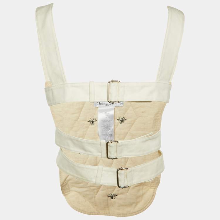 Pre Owned Dior Ivory Cotton Bee Bead Embroidered Strapped Vest M