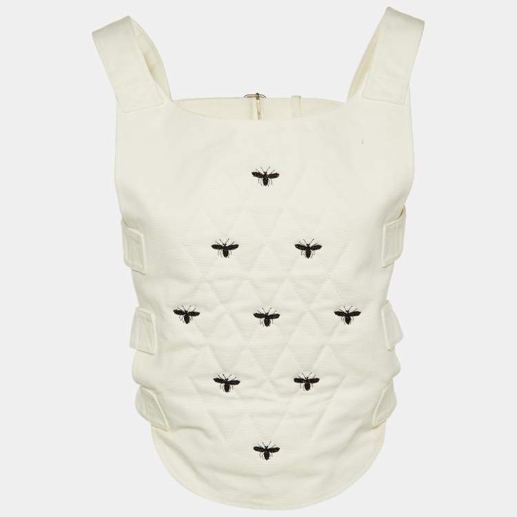 Pre Owned Dior Ivory Cotton Bee Bead Embroidered Strapped Vest M