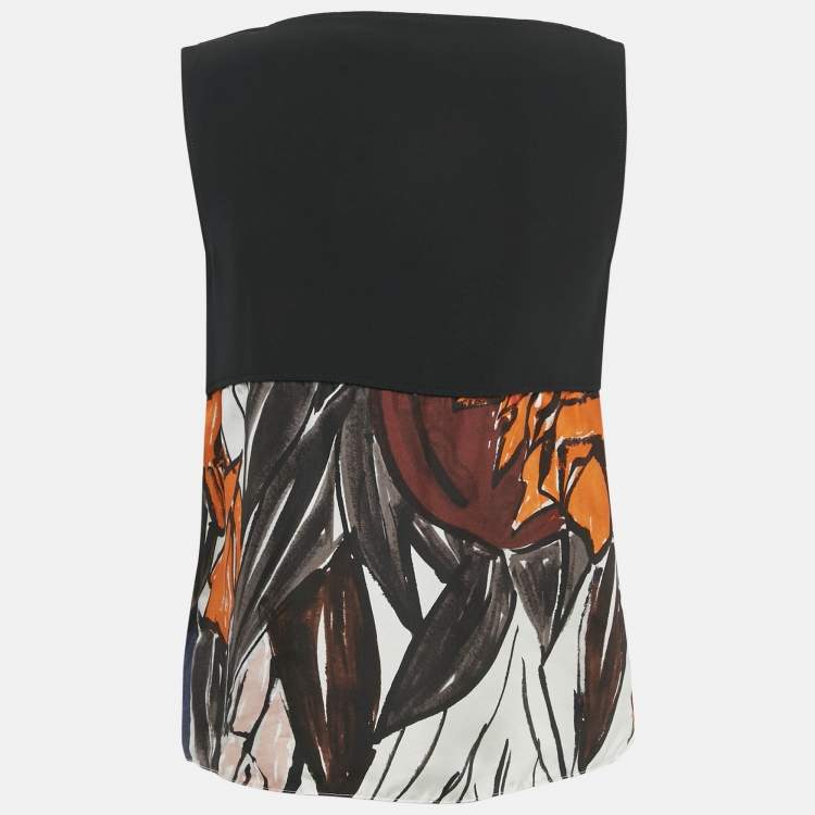 Pre Owned Christian Dior Black Printed Silk Blend Asymmetrical Detail Top M 