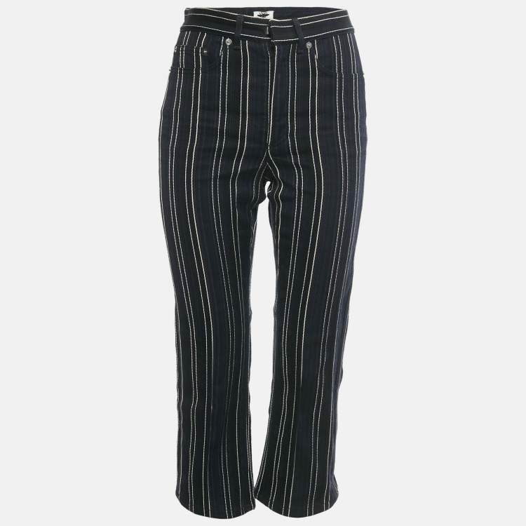 Pre Owned Christian Dior Navy Blue Striped Denim Flared Crop Jeans S Waist 27"