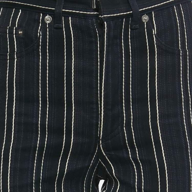 Pre Owned Christian Dior Navy Blue Striped Denim Flared Crop Jeans S Waist 27"