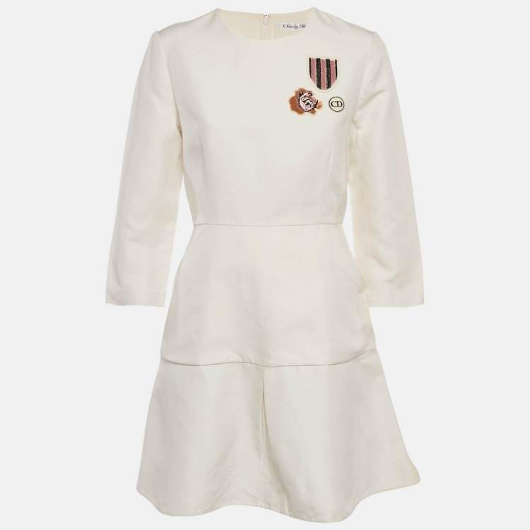 Pre Owned Christian Dior Off-White Cotton Applique Detail Mini Dress M