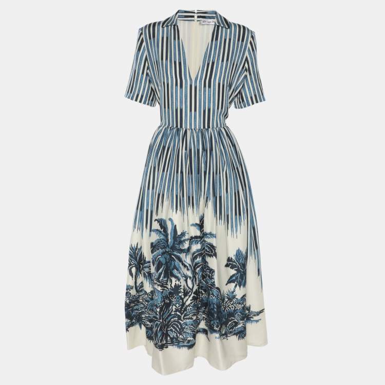 Pre Owned Dior Blue Toile de Jouy Palm Print Silk Maxi Dress M