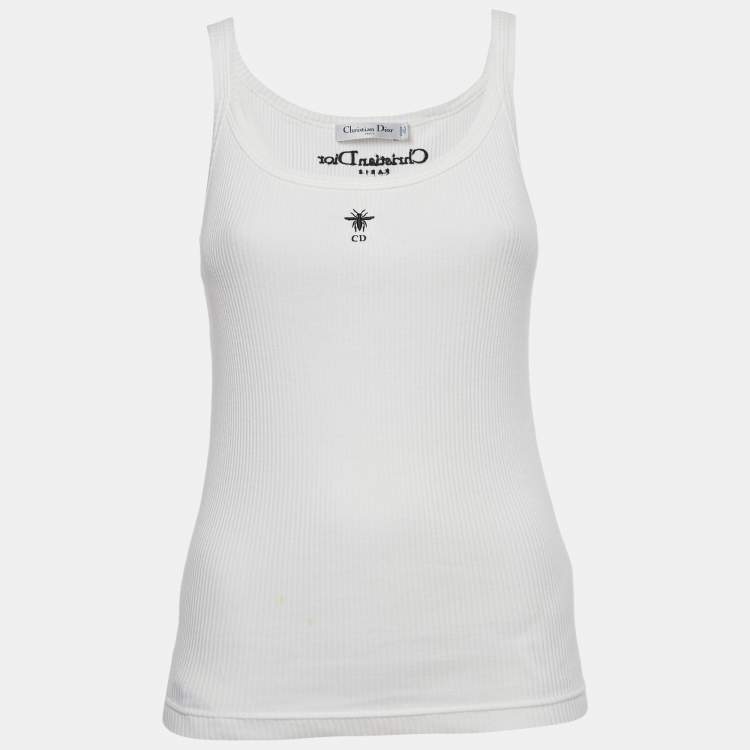 Pre Owned Dior White Logo Embroidery Cotton Rib Knit Tank Top S