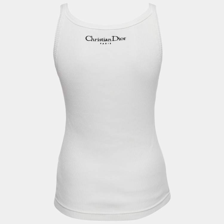 Pre Owned Dior White Logo Embroidery Cotton Rib Knit Tank Top S