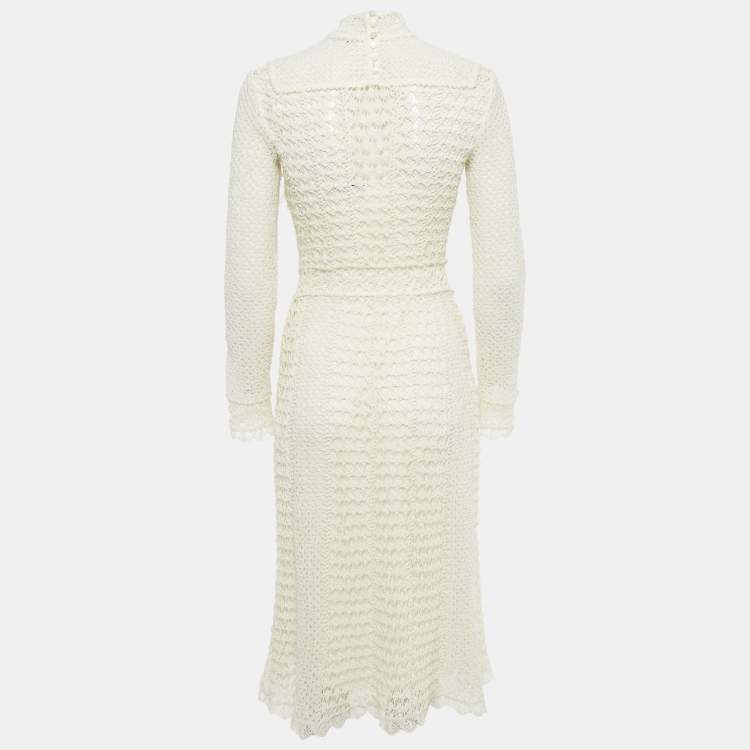 Pre Owned Dior Ecru White Patterned Cotton Blend Knit Midi Dress S