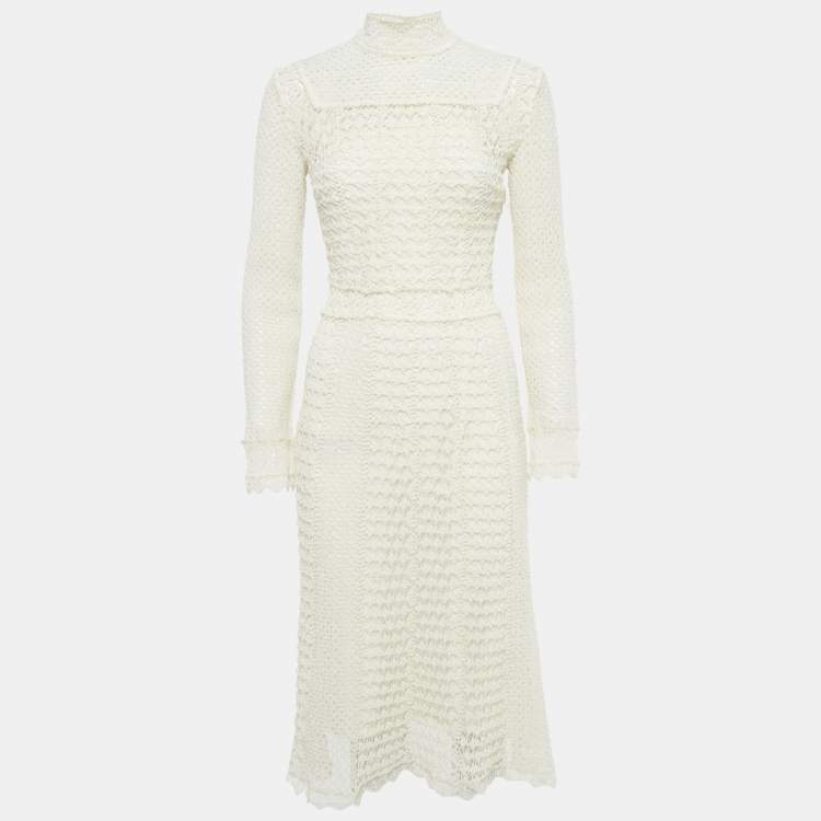 Pre Owned Dior Ecru White Patterned Cotton Blend Knit Midi Dress S