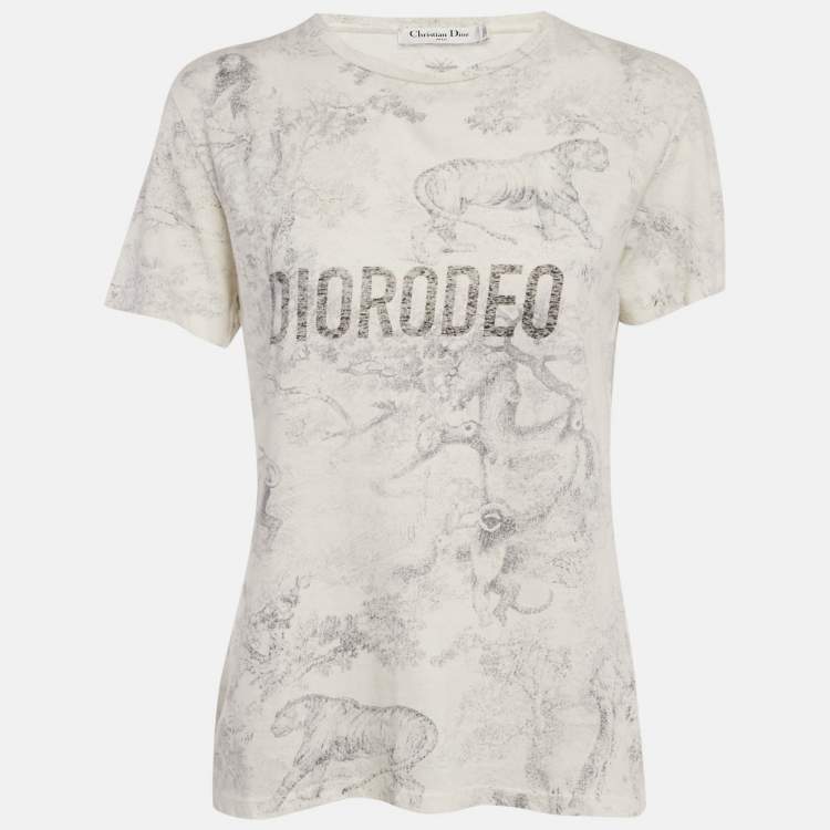 Pre Owned Dior White Diorodeo Jungle Print Cotton Linen T-Shirt M
