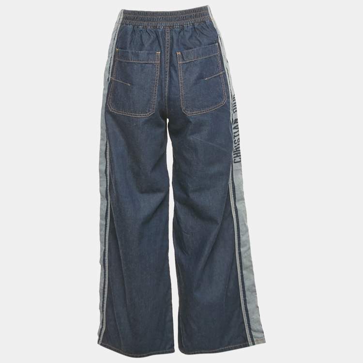 Pre Owned Dior Blue Denim Logo Panel Trimmed Wide Leg Pants S