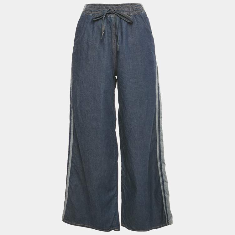 Pre Owned Dior Blue Denim Logo Panel Trimmed Wide Leg Pants S