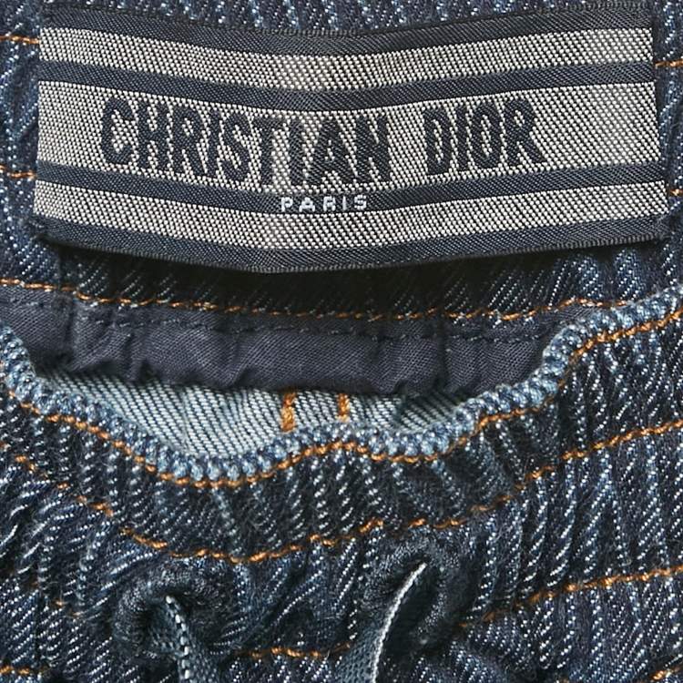 Pre Owned Dior Blue Denim Logo Panel Trimmed Wide Leg Pants S