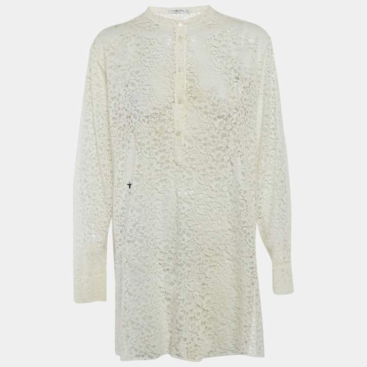 Pre Owned Dior White Lace Long Sleeve Mini Dress L