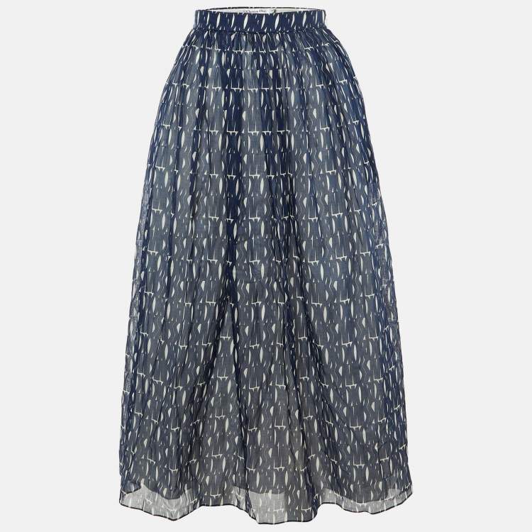 Pre Owned Dior Navy Blue Logo Print Cotton Midi Skirt M