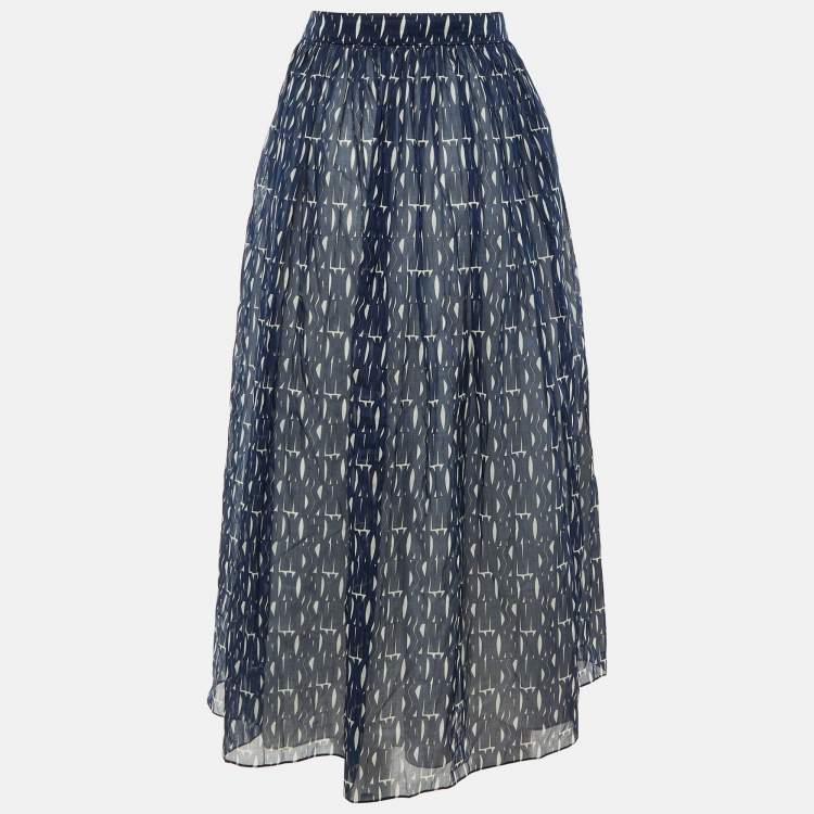 Pre Owned Dior Navy Blue Logo Print Cotton Midi Skirt M