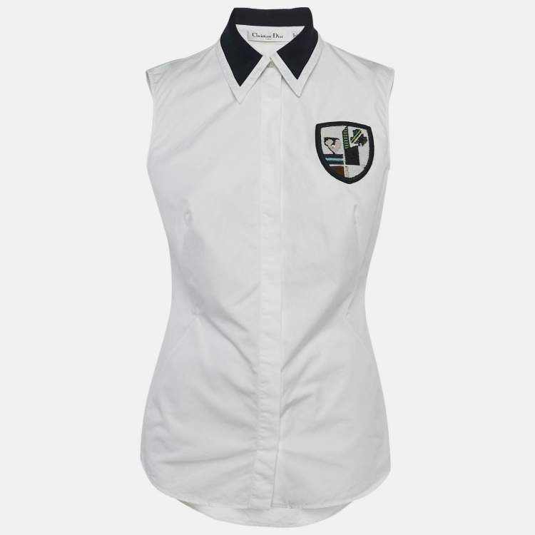 Pre Owned Dior White Cotton Poplin Badge Detail Sleeveless Shirt L