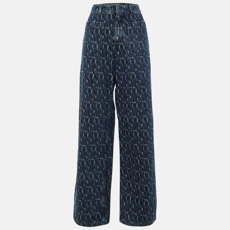 Pre Owned Dior Blue Logo Jacquard Denim Wide Leg Jeans M/Waist 30"