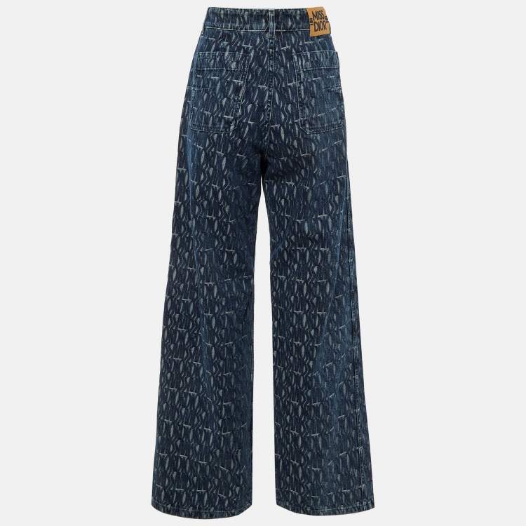 Pre Owned Dior Blue Logo Jacquard Denim Wide Leg Jeans M/Waist 30"