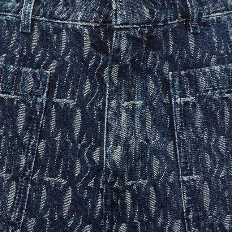 Pre Owned Dior Blue Logo Jacquard Denim Wide Leg Jeans M/Waist 30"