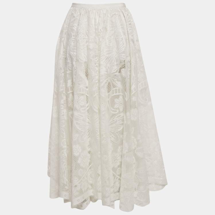 Pre Owned Dior White Lace Midi Skirt S