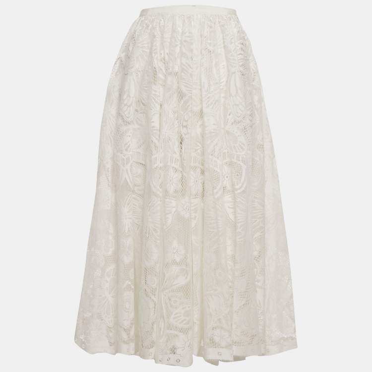 Pre Owned Dior White Lace Midi Skirt S