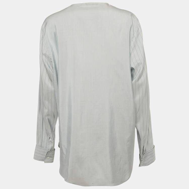Pre Owned Christian Dior Blue Striped Silk Full Sleeve Blouse XL