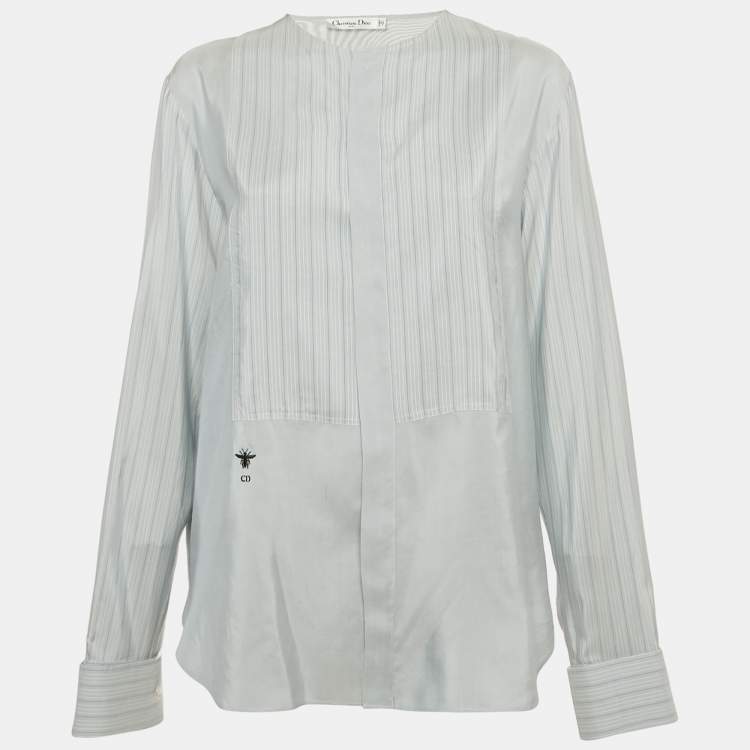 Pre Owned Christian Dior Blue Striped Silk Full Sleeve Blouse XL