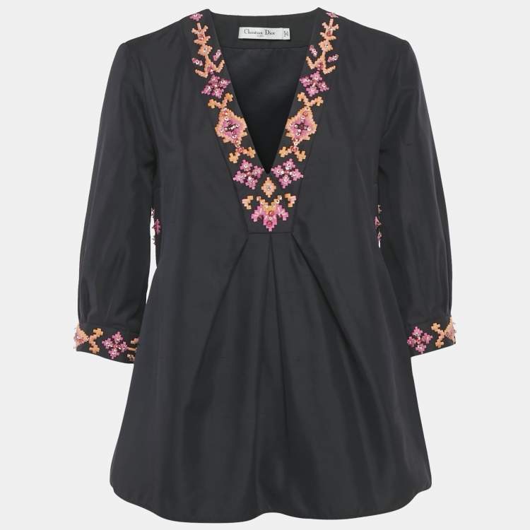 Pre Owned Christian Dior Navy Blue Embellished Cotton Silk Blouse M