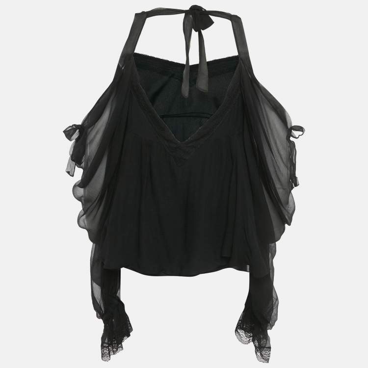 Pre Owned Christian Dior Black Silk Lace Trim Tie -Up Blouse M