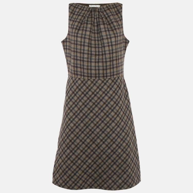 Pre Owned Christian Dior Brown Plaid Wool Flared Short Dress L