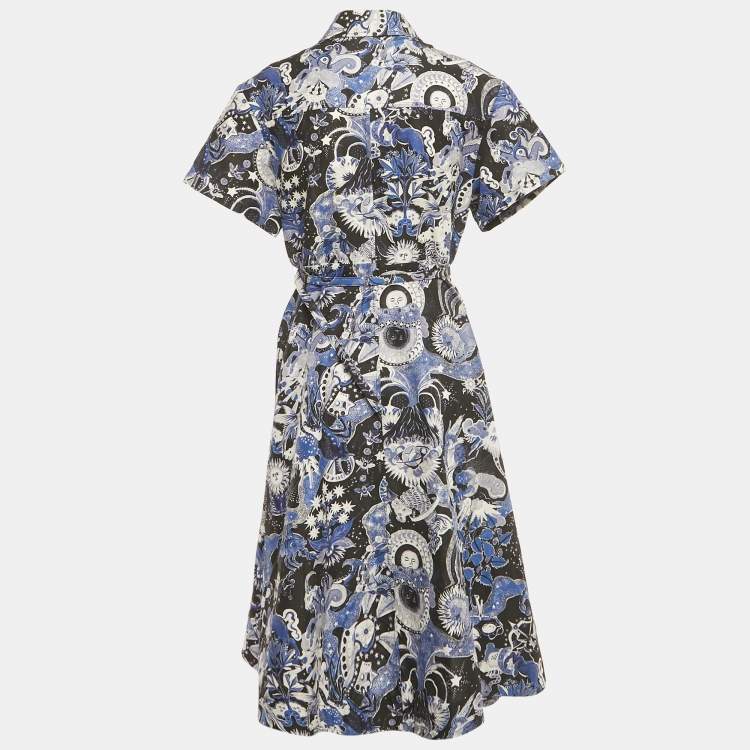 Pre Owned Christian Dior Navy Blue Celestial Print Cotton Belted Midi Dress M
